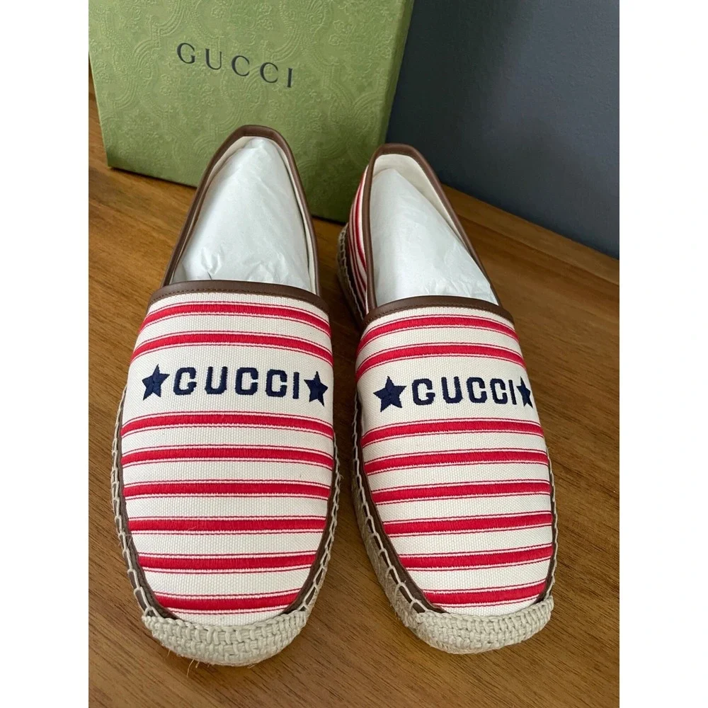 GUCCI 692968 Men's Fabric red-striped Signature Moccasin, G 8 US 8.5